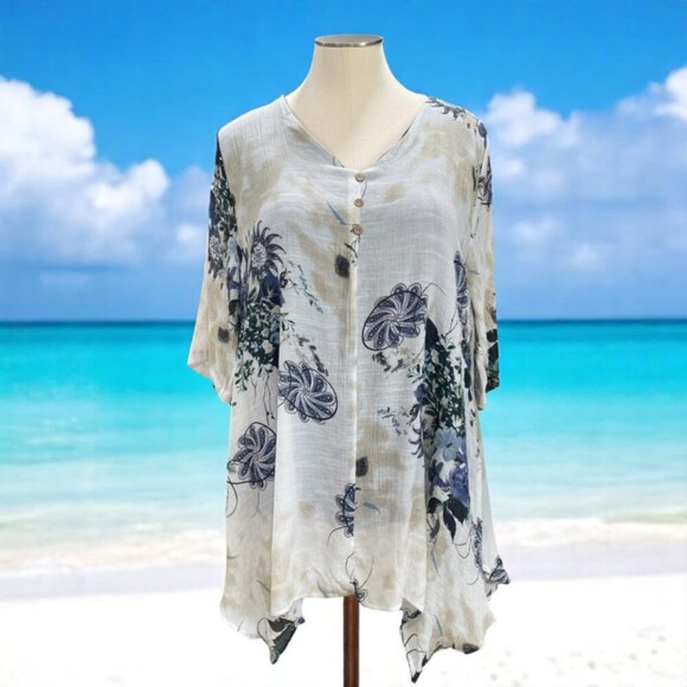 Boho Floral Blouse Plus Size 3XL Beachy‎ Tunic Top Button Front Lightweight
